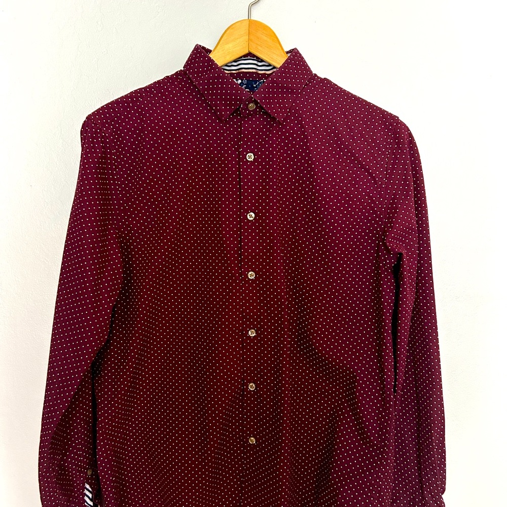 Denim & Flower Ricky Singh Burgundy Polka Dot  Slim Fit Button Down Shirt